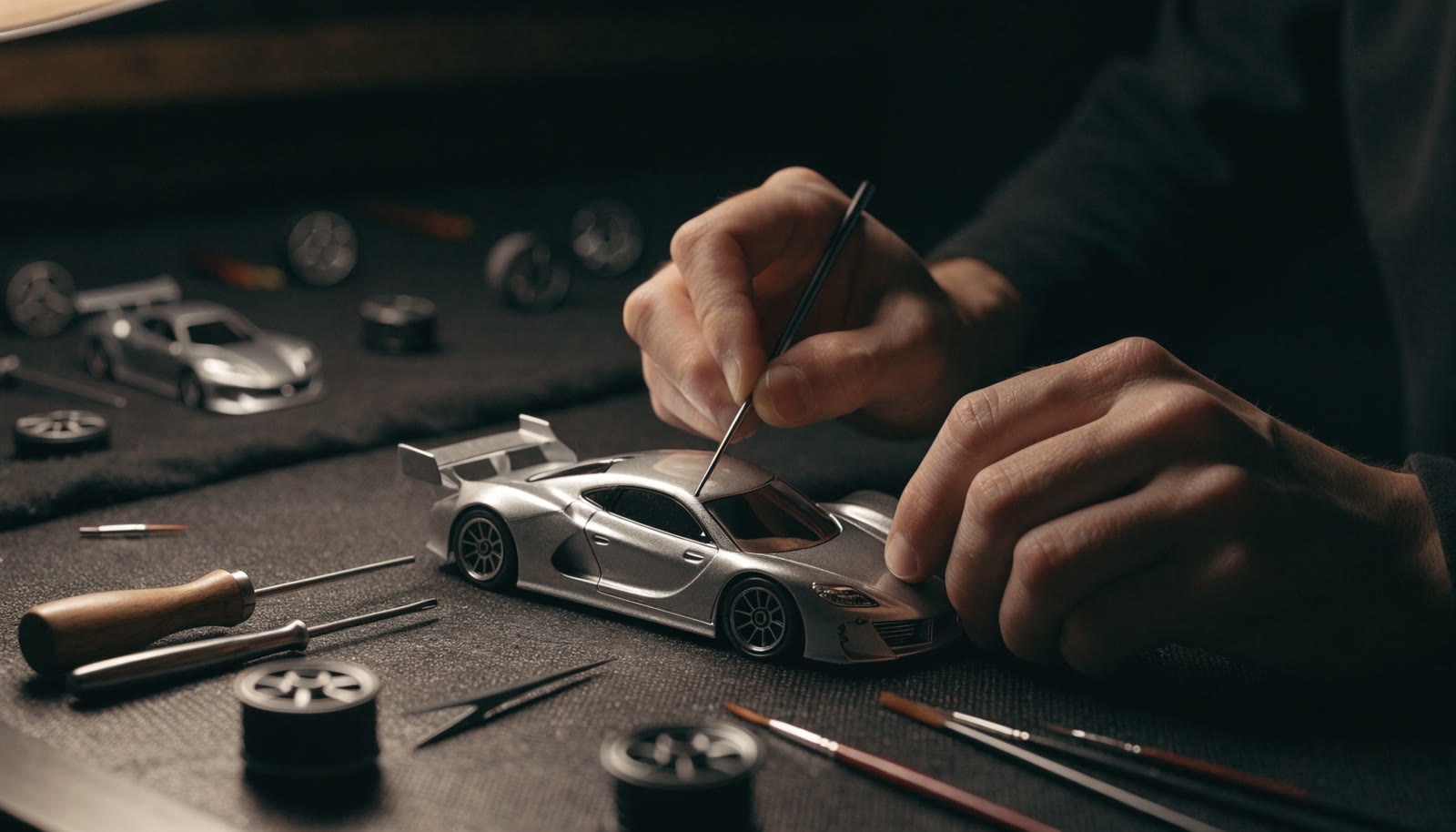 Hands using precision tools to detail a miniature car at Gustavo Palmar’s workbench